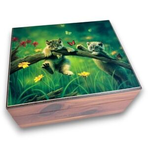 Vintage Cedar Wood Keepsake Trinket Box Kittens Butterflies North Pole Colo